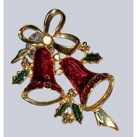 Vintage Gold-Tone Red Enamel Christmas Bell Brooch With Holly  Bow Pin Jewelry - Picture 2 of 11